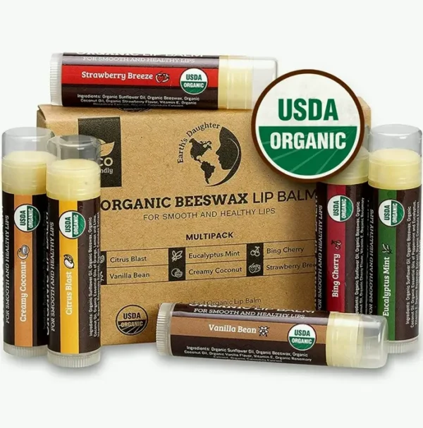 Natural Lip Balm 6-Piece Set - Fruit Flavors, Beeswax, Vitamin E
