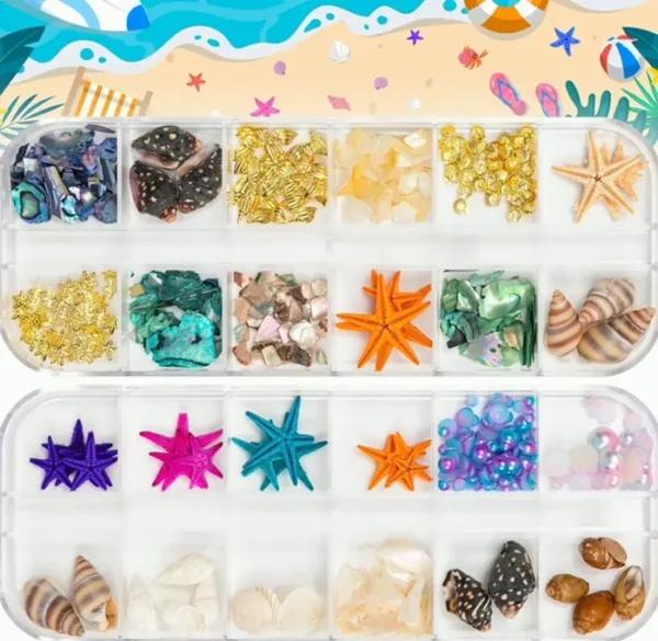 Beach Nail Charms - 24 Grids including Shells, Stars & Jewels