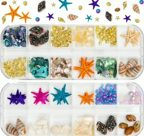 Beach Nail Charms - 24 Grids including Shells, Stars & Jewels