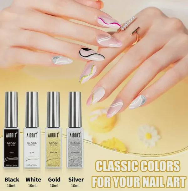 Nail Design Paint Collection 10mL, 4 Colors: Black, Light, Golden, Silver