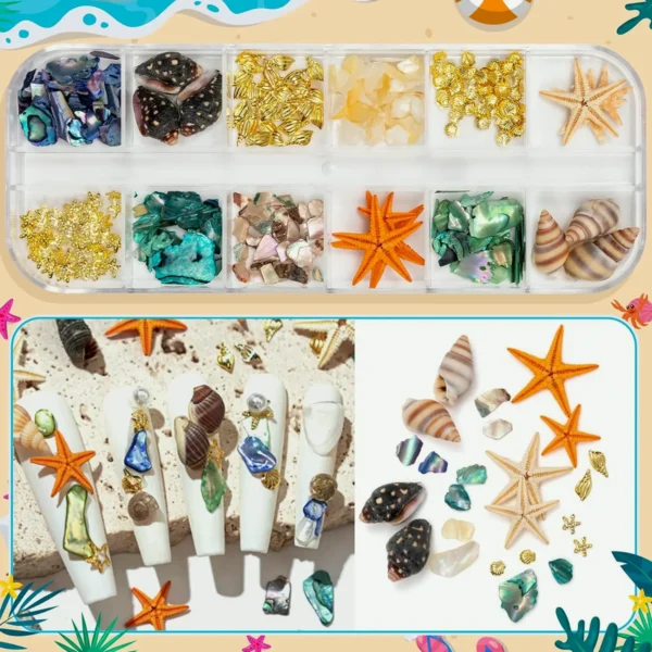 Beach Nail Charms - 24 Grids including Shells, Stars & Jewels