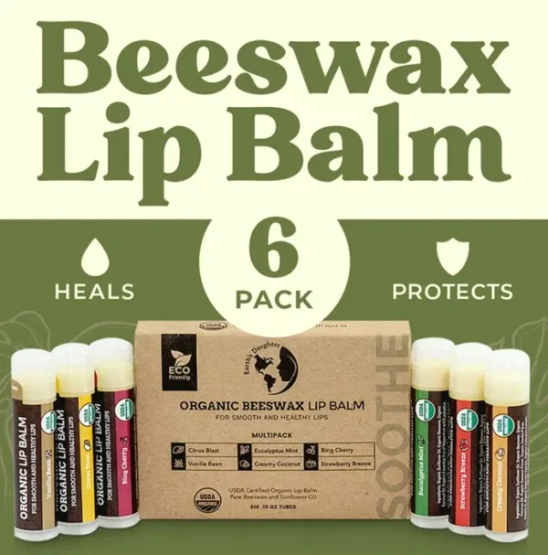 Natural Lip Balm 6-Piece Set - Fruit Flavors, Beeswax, Vitamin E