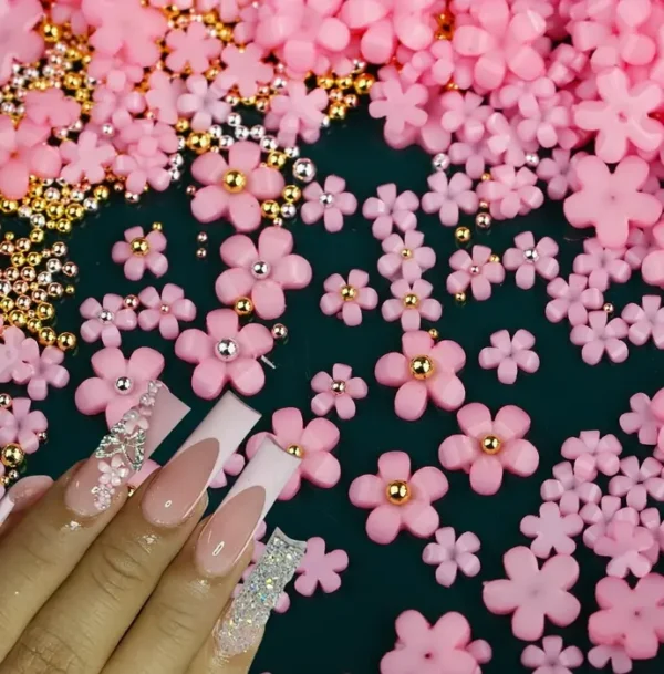 Flower Nail Charms 3-D Pink Flowers 1000 Pieces