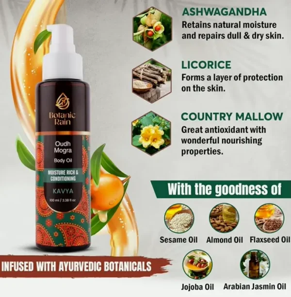 Natural Oil infused with Oudh and Mogra, Organic Moisturizer for Bath, Suitable for Women & Men, 3.38 Fl Oz