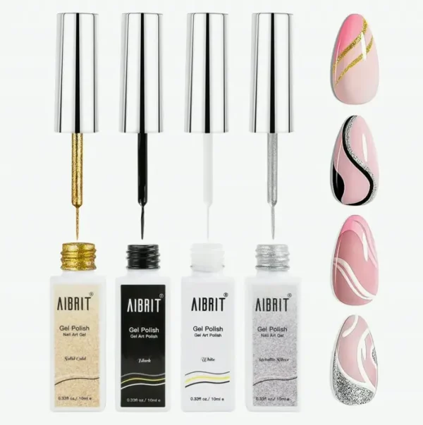 Nail Design Paint Collection 10mL, 4 Colors: Black, Light, Golden, Silver